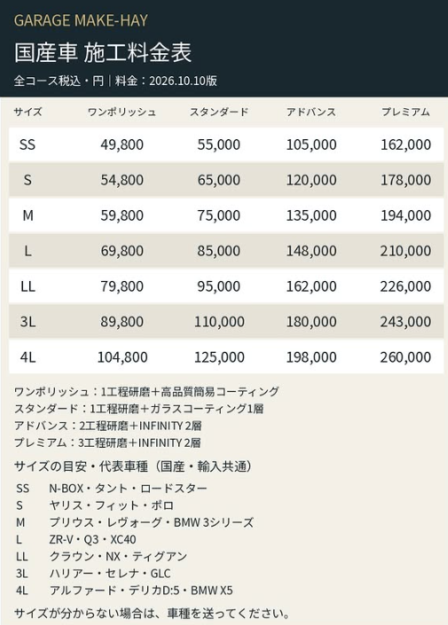国産車施工料金表