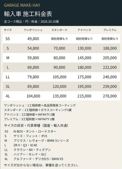 輸入車施工料金表